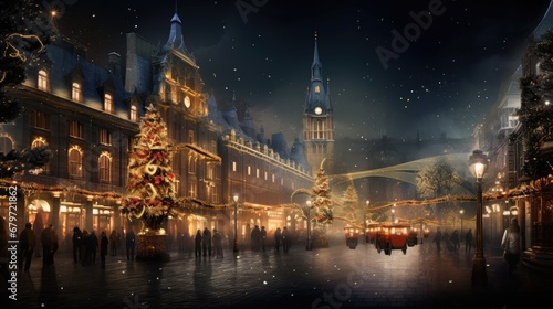  a painting of a christmas tree in the middle of a city at night with people walking on the sidewalk and a clock tower in the background.
