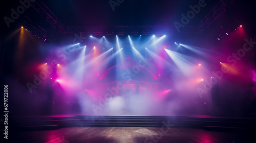 setting with a concert and a stage  the stage is illuminated with colored spotlights. lights and smoke. ai generative