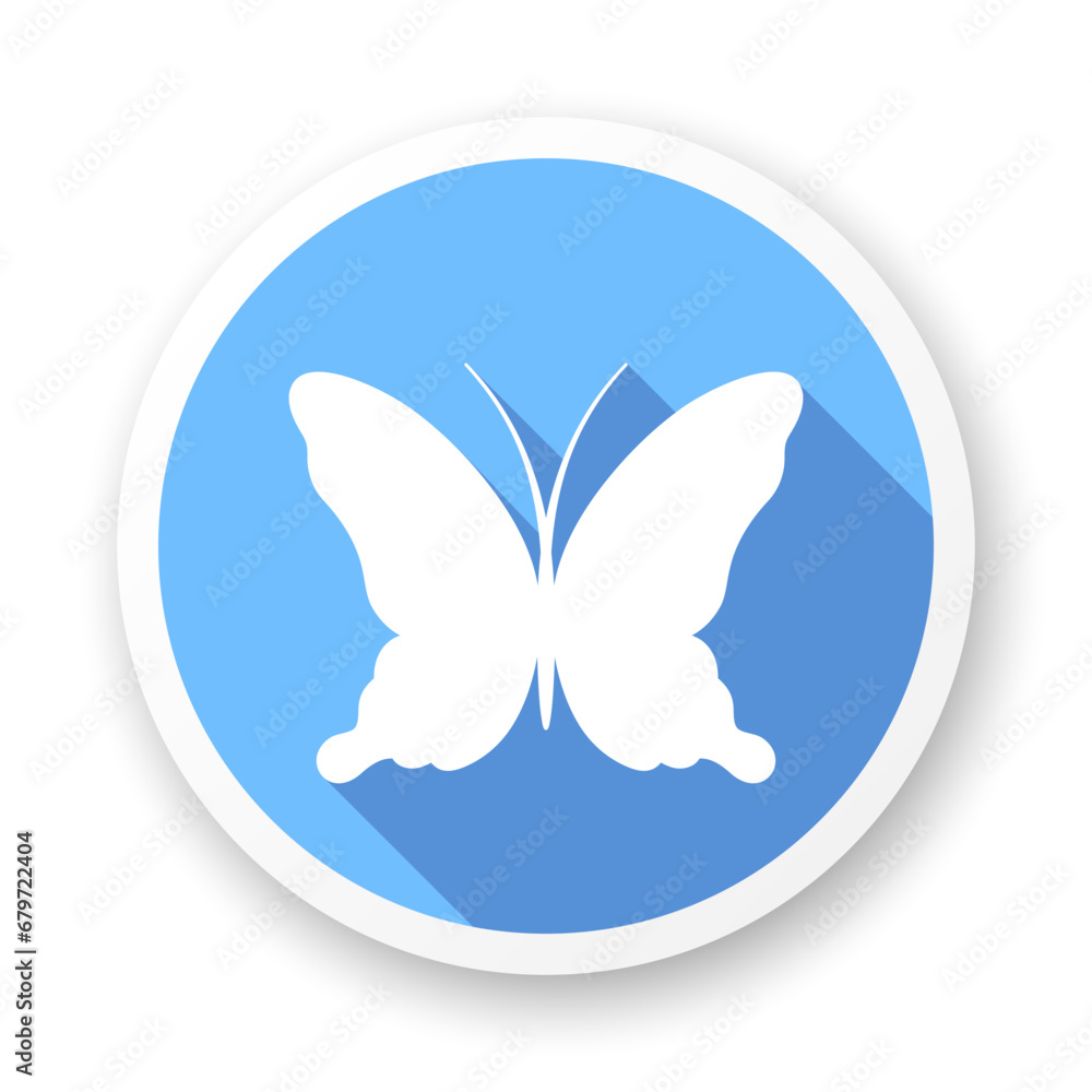 Butterfly long shadow icon. Stylized white glyph on blue background.