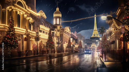  a city street at night with christmas lights and a christmas tree in the foreground and the eiffel tower in the background. photo