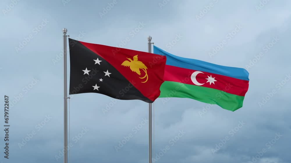Azerbaijan and Papua New Guinea flag waving together on cloudy sky, endless seamless loop, two country cooperation concept Azerbaijan and Papua New Guinea flag waving together on cloudy sky, endless seamless loop, two country cooperation concept