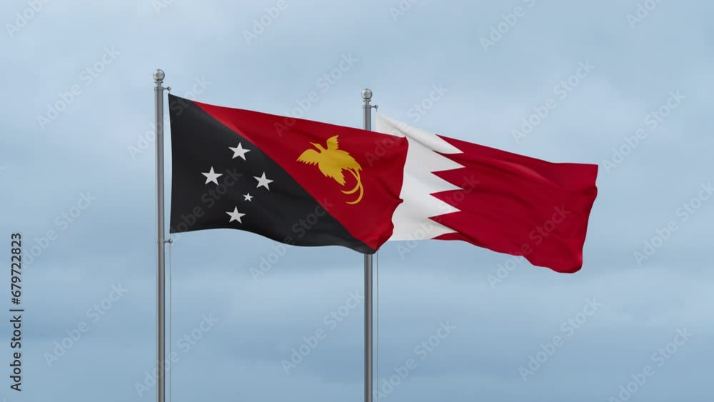 Bahrain flag and Papua New Guinea flag waving together on cloudy sky, endless seamless loop, two country relations concept Bahrain flag and Papua New Guinea flag waving together on cloudy sky, endless seamless loop, two country relations concept