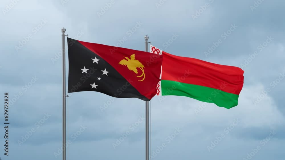 Belarus and Papua New Guinea flag waving together on cloudy sky, endless seamless loop, two country cooperation concept Belarus and Papua New Guinea flag waving together on cloudy sky, endless seamless loop, two country cooperation concept