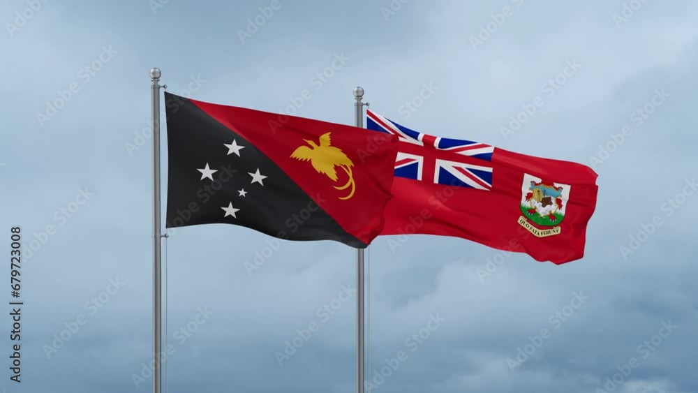 Papua New Guinea flag and Bermuda or Somers Isles flag waving together on cloudy sky, endless seamless loop Papua New Guinea flag and Bermuda or Somers Isles flag waving together on cloudy sky, endless seamless loop