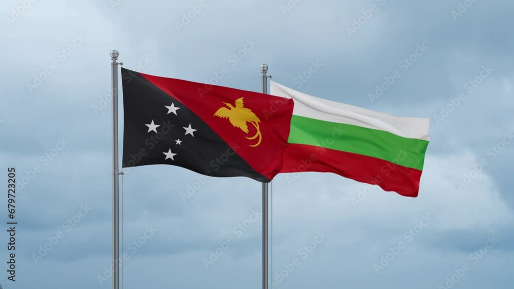 Bulgaria flag and Papua New Guinea flag waving together on cloudy sky, endless seamless loop, two country relations concept Bulgaria flag and Papua New Guinea flag waving together on cloudy sky, endless seamless loop, two country relations concept