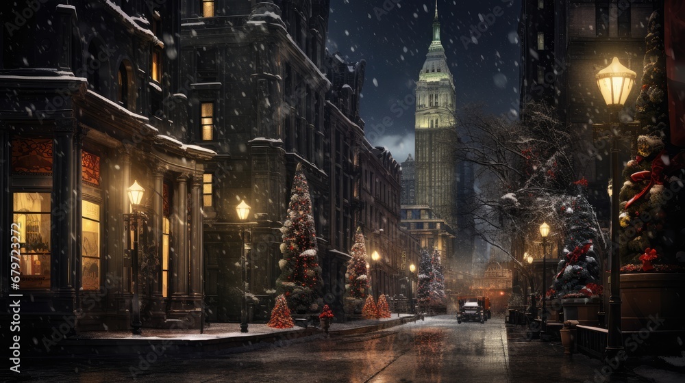  a city street at night with a christmas tree in the foreground and a large clock tower in the background.