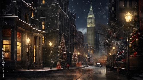  a city street at night with a christmas tree in the foreground and a large clock tower in the background.