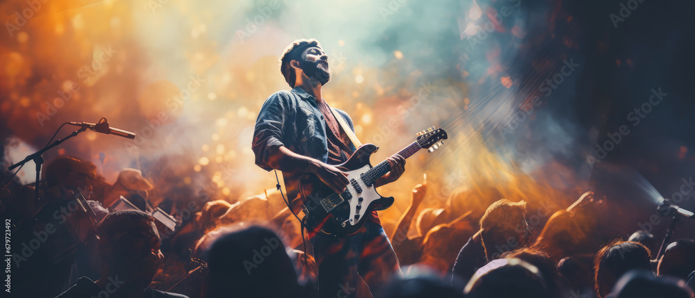 Close up of male  playing on electric guitar on concert stage. Art, poster illustration, banner, flyer. Vector style. Live  Musician performance. Generative ai - obrazy, fototapety, plakaty 