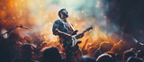 Close up of male  playing on electric guitar on concert stage. Art, poster illustration, banner, flyer. Vector style. Live  Musician performance. Generative ai