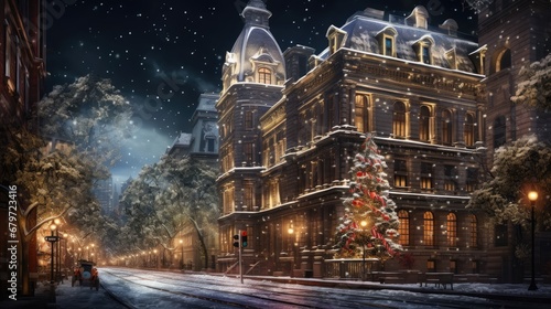  a painting of a city street at night with a lit christmas tree in the foreground and a building in the background.