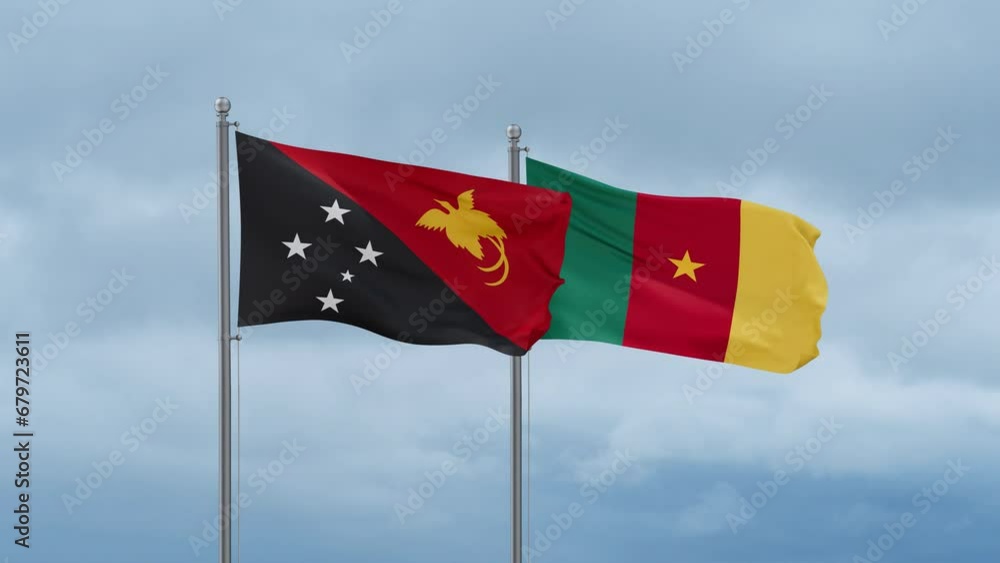 Cameroon flag and Papua New Guinea flag waving together on cloudy sky, endless seamless loop, two country relations concept Cameroon flag and Papua New Guinea flag waving together on cloudy sky, endless seamless loop, two country relations concept