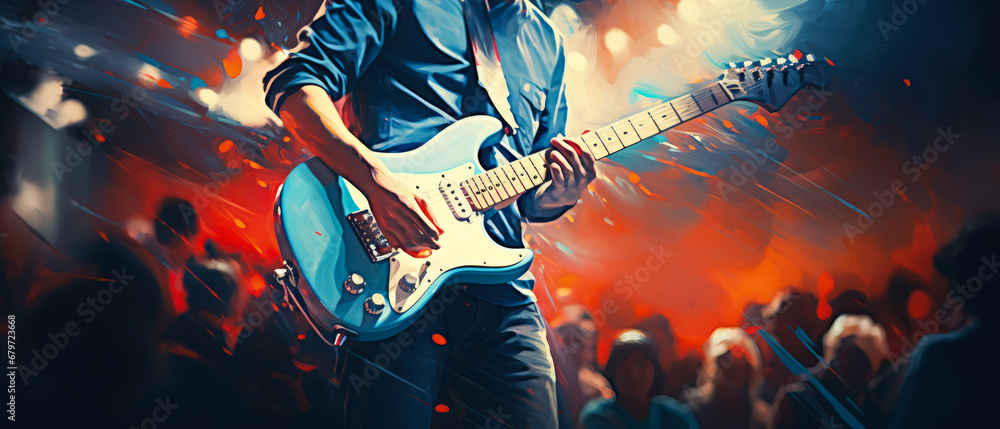 Obraz premium Close up of male playing on electric guitar on concert stage. Art, poster illustration, banner, flyer. Vector style. Live Musician performance. Generative ai