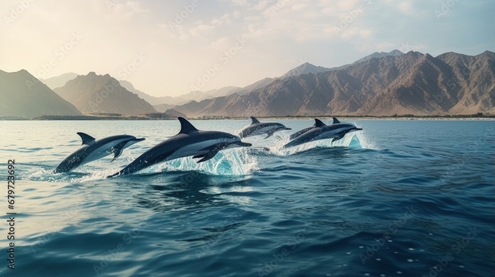 A pod of Dolphins off the coast of Muscat in Oman - obrazy, fototapety, plakaty 