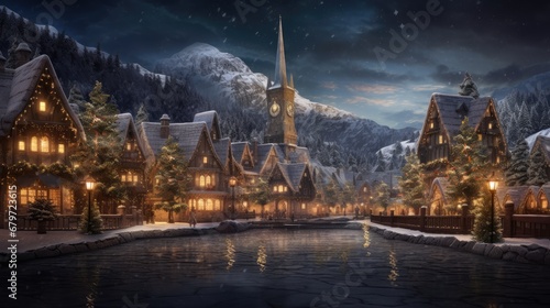  a night scene of a snowy village with a river and a church lit up at the end of the street.