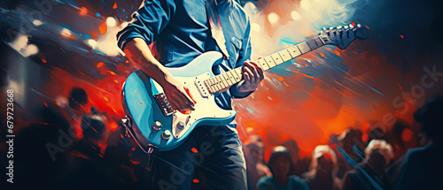 Close up of male  playing on electric guitar on concert stage. Art, poster illustration, banner, flyer. Vector style. Live  Musician performance. Generative ai photo