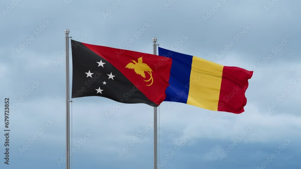 Chad flag and Papua New Guinea flag waving together on cloudy sky, endless seamless loop, two country relations concept Chad flag and Papua New Guinea flag waving together on cloudy sky, endless seamless loop, two country relations concept