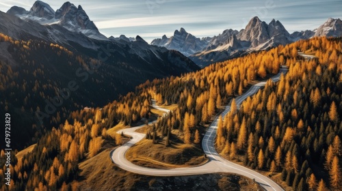 Top aerial view of famous Snake road near Passo Giau in Dolomite Alps. Winding mountains road in lush forest with orange larch trees and green spruce in autumn time. Dolomites, Italy photo