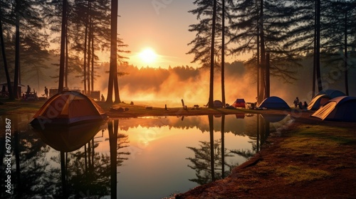 Camping,Adventures Camping and tent under the pine forest near water outdoor in morning and sunset at Pang-ung, pine forest park , Mae Hong Son, North of Thailand, forest background. Concept Travel © HN Works