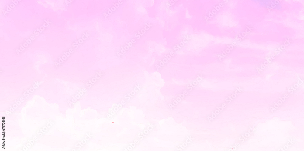Pink sky and white cloud background. Sky Landscape Background. Summer heaven with colorful clearing sky. Sweet sky with pastel color background. Vector illustration.