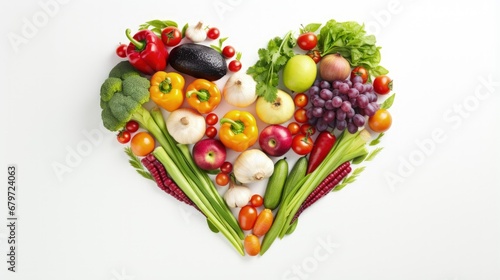 Assortment of Fresh Vegetables and Fruits Making Heart Shape Frame with White Middle