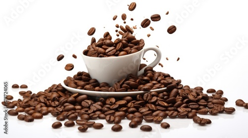 coffee beans spilling out of a cup isolated on white