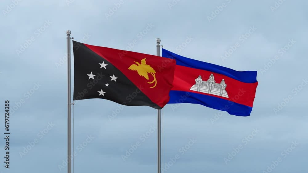 Cambodia flag and Papua New Guinea flag waving together on cloudy sky, endless seamless loop, two country relations concept Cambodia flag and Papua New Guinea flag waving together on cloudy sky, endless seamless loop, two country relations concept