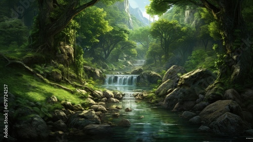 Green Fantasy Landscape Art Backgrounds. Digital art and Watercolor.