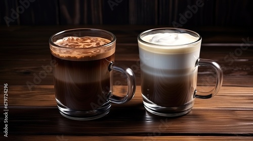 Cups of coffee drink, latte or mocha with milk foam. Glass mug, dark wooden background photo