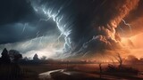 Tornado. Digital art. Massive tornado, cyclone on land with huge clouds. Thunderstorm, post apocalyptic feeling. Art landscape of natural disaster. Fantasy wallpaper.
