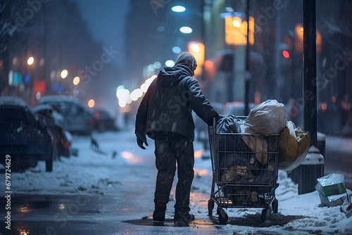 A lone homeless man navigates a snowy street at night, his cart filled with his worldly possessions.