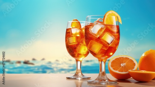 Classic italian aperitif aperol spritz cocktail in two wineglasses with ice cubes and slice of orange with light blue background on beige stone background, traditional summer fresh iced drink, closeup photo