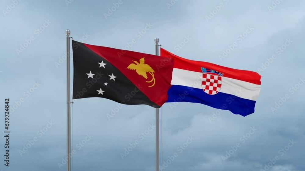 Croatia and Papua New Guinea flag waving together on cloudy sky, endless seamless loop, two country cooperation concept Croatia and Papua New Guinea flag waving together on cloudy sky, endless seamless loop, two country cooperation concept
