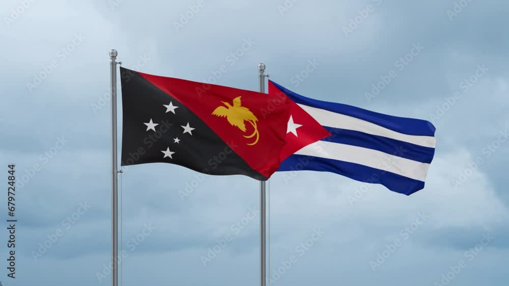 Cuba and Papua New Guinea flag waving together on cloudy sky, endless seamless loop, two country cooperation concept Cuba and Papua New Guinea flag waving together on cloudy sky, endless seamless loop, two country cooperation concept