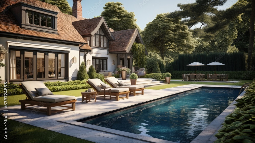 Realistic 3d render visualisation of cottage back yard luxury swiming pool real estate archviz