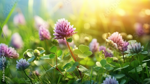 Wild flowers of clover and butterfly in a meadow in nature in the rays of sunlight in summer in the spring close-up of a macro. A picturesque colorful artistic image with a soft focus