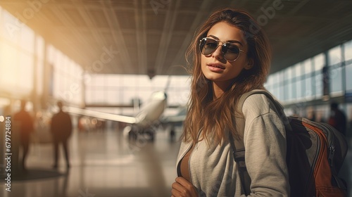 Young woman wearing casual clothes is posing at airport