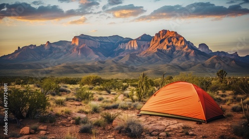 Backcountry Tent Camping in Big Bend National Park, Texas - Ultralight Hiking Gear Tarp Tent Campsite with Prickly Peak Cactus, Chisos Mountains Landscape Background