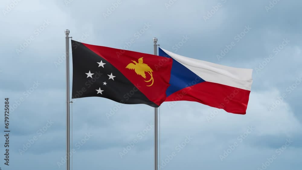 Czech Republic flag and Papua New Guinea flag waving together on cloudy sky, endless seamless loop, two country relations concept Czech Republic flag and Papua New Guinea flag waving together on cloudy sky, endless seamless loop, two country relations concept