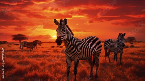 African zebras at beautiful orange sunset in the Serengeti National Park. Tanzania. Wild nature of Africa.