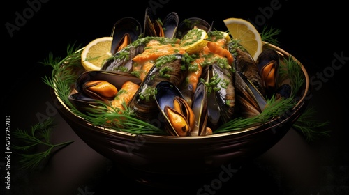 Shellfish Mussels in copper bowl with lemon and herbs. Shellfish seafood. Top view. © HN Works