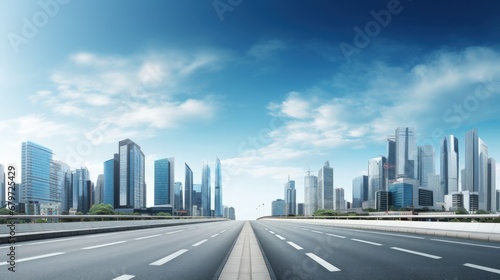 Panoramic skyline and modern commercial buildings with empty asphalt road