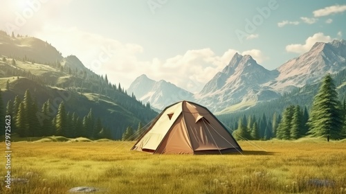 Brown tent. Quick installation system. Summer day. Mountains and forest, travel and tourism concept. Camping. Copy space.