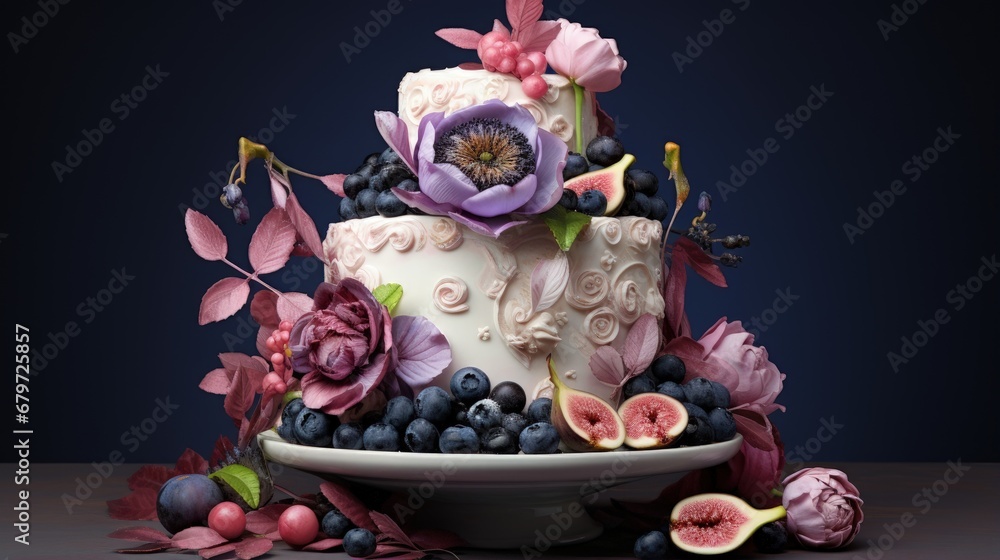 Wedding cake with flowers, figs, macarons and blueberries