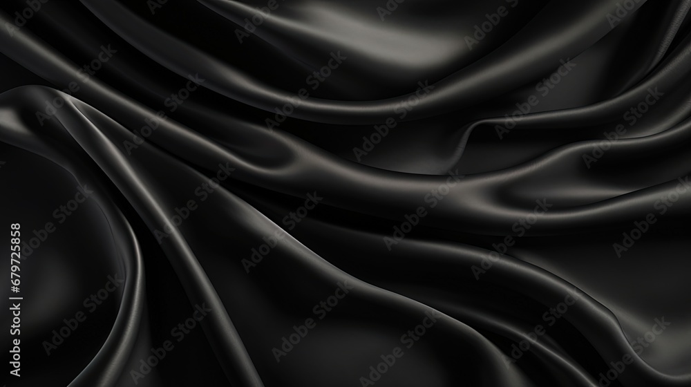 Obraz premium Black silk satin surface. Dark elegant background with space for design. Text or product. Table top view. Flat lay. Template. Empty. Creases in fabric. Folds.