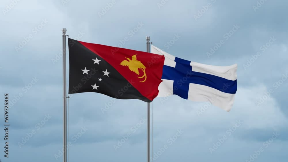 Finland flag and Papua New Guinea flag waving together on cloudy sky, endless seamless loop, two country relations concept Finland flag and Papua New Guinea flag waving together on cloudy sky, endless seamless loop, two country relations concept