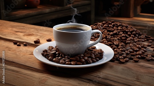 Coffee cup and beans on a wooden table.