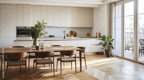 Une cuisine moderne dans un appartement parisien avec des plans de travail en marbre et un parquet en chevron. Au milieu de la pièce, une salle à manger.