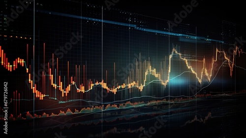 Virtual stock market lines and financial charts over dark background. Digital screen. Concept of finance advisory and international consulting. Huds, numbers and line graphs