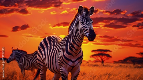 African zebras at beautiful orange sunset in the Serengeti National Park. Tanzania. Wild nature of Africa.