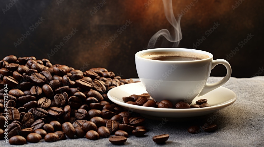 white cup with black coffee and roasted beans on stone background white cup with black coffee and roasted beans on stone background